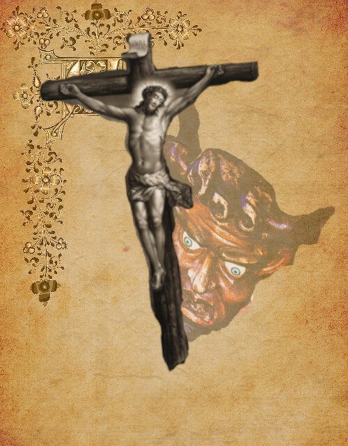 A scrapbook page featuring Jesus and the deomn Asmodeus.
