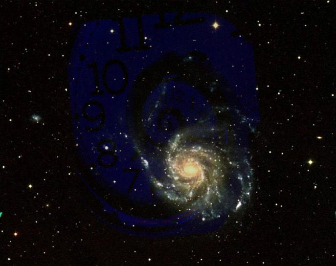 A picture of space with a clock spiraling through it.