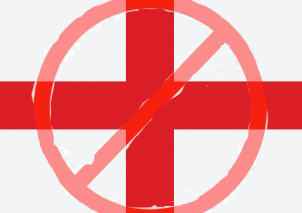 English flag with a cricle with a ling throught it on top.